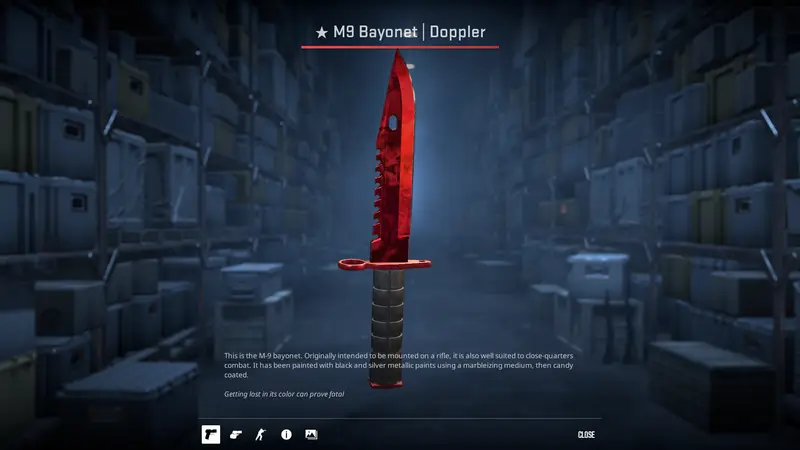 M9 Bayonet | Doppler Ruby Skin mit tiefrotem Glanz, auf einer reflektierenden Oberfläche